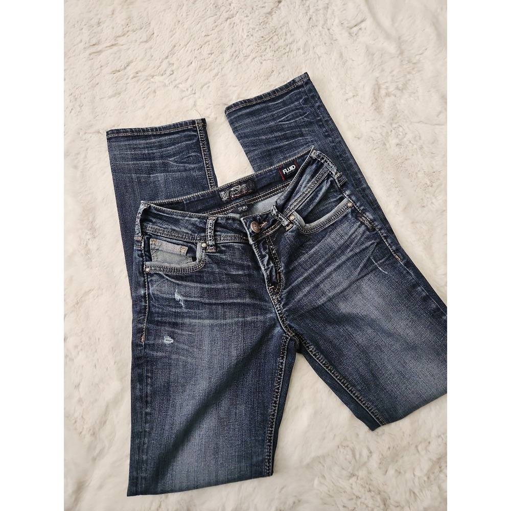 Silver Jeans Co Suki Mid Straight Fluid Denim W27 L32 Dark Wash Embroidered Pock